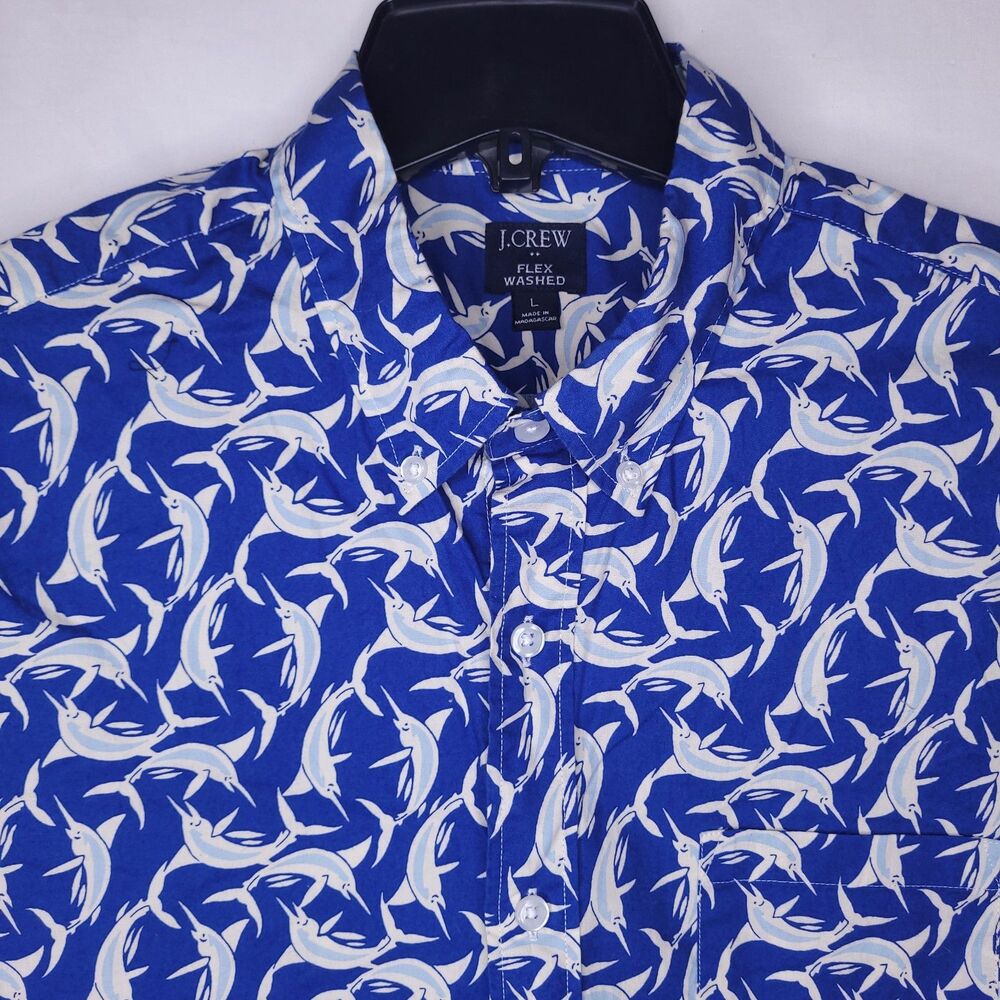 J Crew Shirt Mens Large Blue Swordfish Print Flex Washed Slim Fit